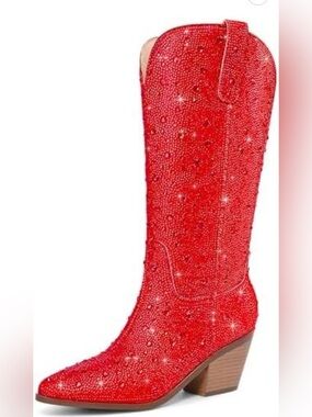 Red Embellished Western Mid Calf Boots